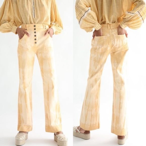 Ulla Johnson  Milo Jean in Wheat Tie Dye Wide Leg Button Front High Waist Trouse - Picture 4 of 12